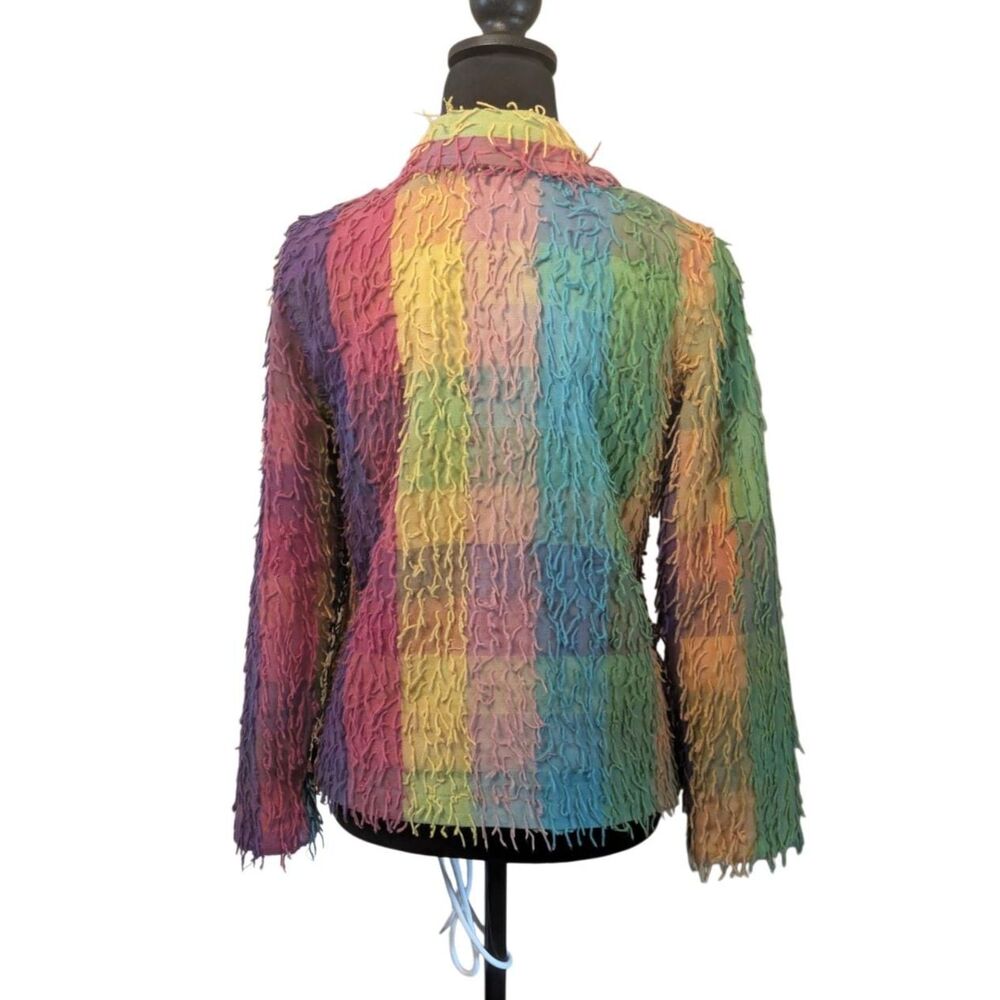 Whimsigoth Pastel Rainbow Fringe Shaggy Patchwork Dopamine Jacket, Size Small